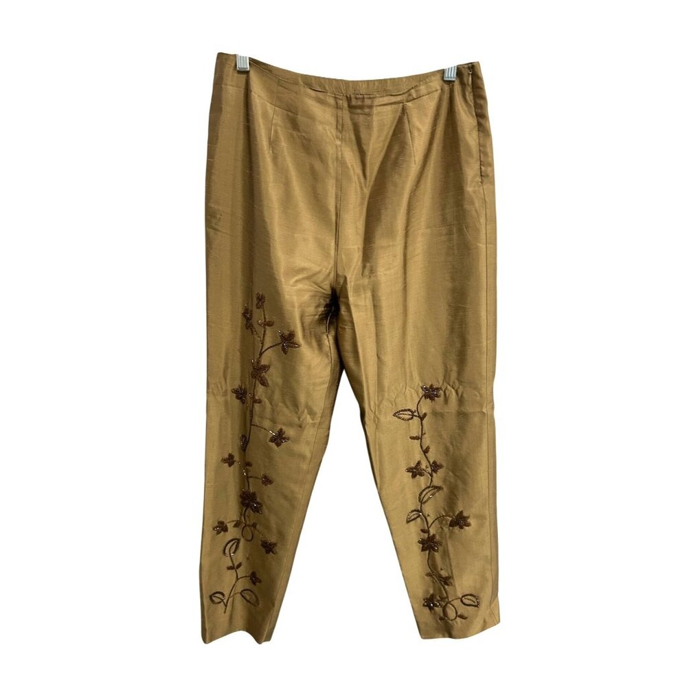 Silkland Womens Embroidered Silk Pants Size 10 Gold Floral Design
